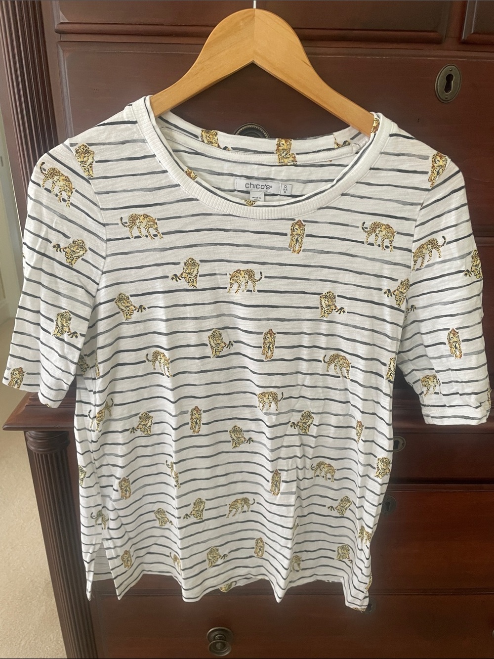 Chico's White Tee with Navy Stripes & Gold Leopard Print